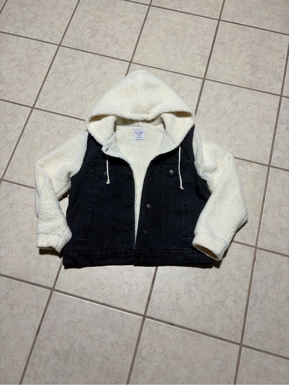 Love Tree Cream Sherpa & Black Denim Vest Jacket